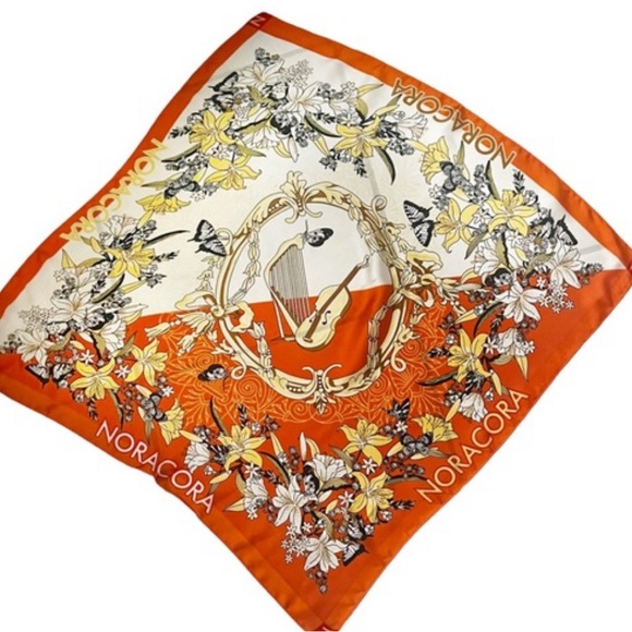 NORA CORA orange floral silk scarf NEW 22”x22” musical instruments Beautiful - Picture 2 of 4